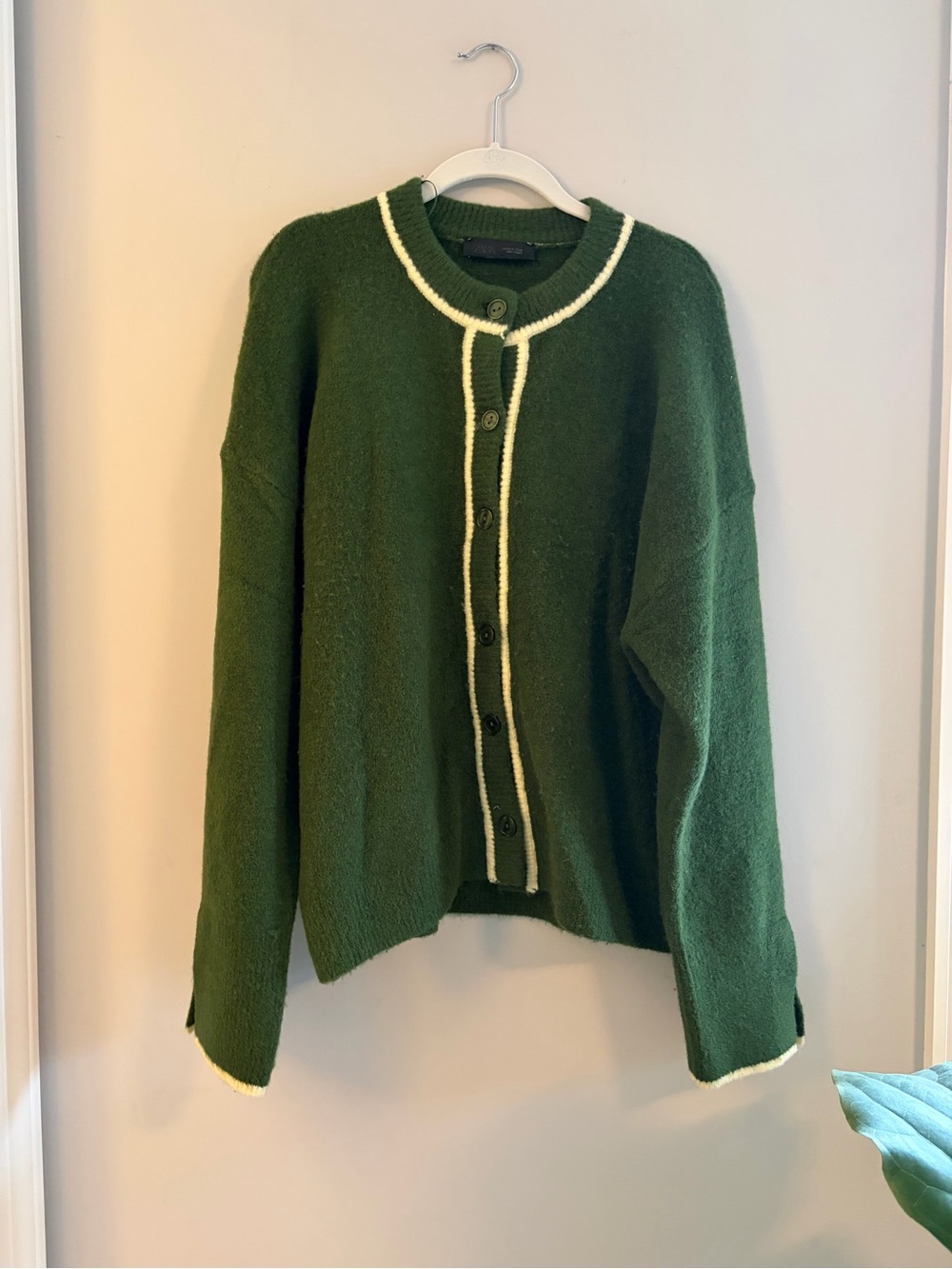 Zara Green Crewneck Button-Up Sweater with Cream Trim